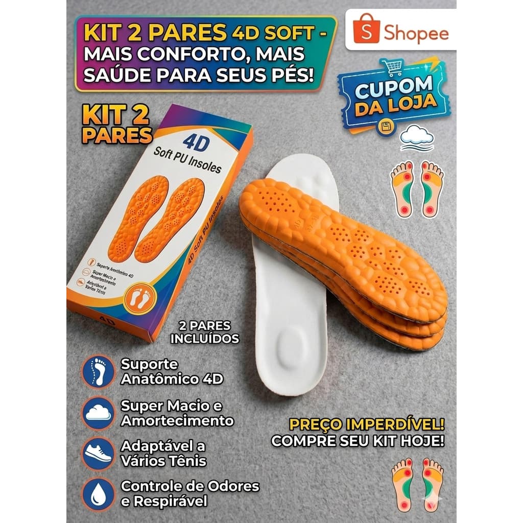 KIT 2 Palmilha Nuvem Ortopédica Macia Confortável Anti Impacto pu 4D laranja