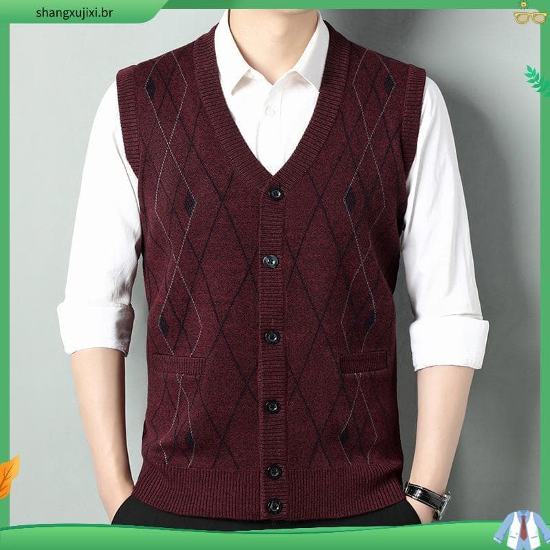 Suéter Masculino Colete De Malha Xadrez Sem Mangas Com Decote Em V Casual Clássico Básico Bolso Botão