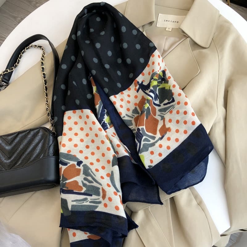 Comércio exterior coreano algodão linho Retro bolinhas impresso grande lenço quadrado senhoras primavera outono estilo o