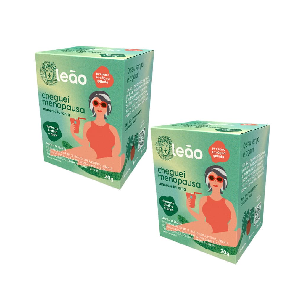 Kit com 2 Chá Leão Fases Cheguei Menopausa Amora e Laranja 20g Chás Leão