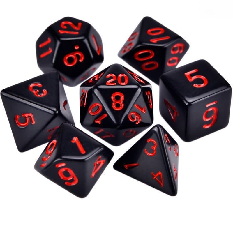 Conjunto Clássico de Dados Preto e Vermelho 7 Peças |          Jogo de Tabuleiro RPG Poliédrico 0381