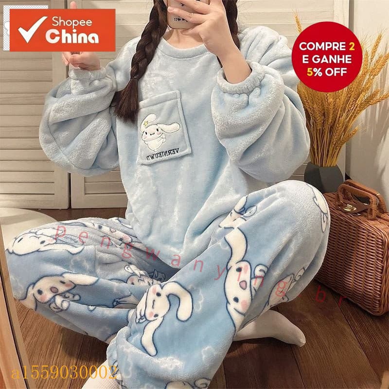 Pijama Casual de Flanela de Manga Longa, Calças de Pijama de Veludo Coral para Mulheres FAZJ EECM