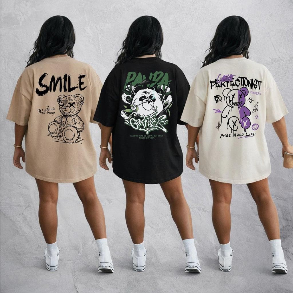 Kit 3 Camiseta Blusinha Feminina Algodão Premium Adulto Plus Size Infantil Casual Ursos Perfectionist being Grafit Panda