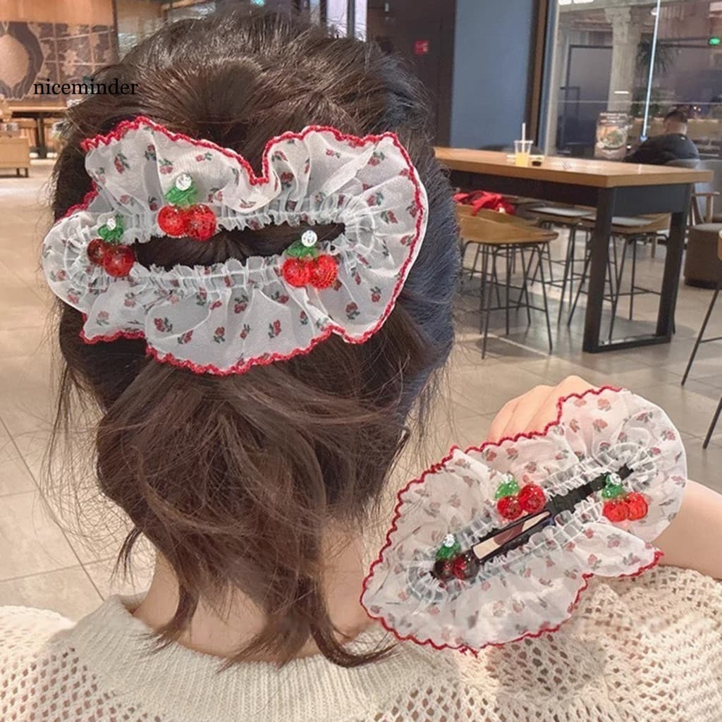 Burr-free Hair Accessory Strong Grip Transparent Mesh Lace Pin with Cherry Decoration – Half-tied Bun Clip Stylish Sid