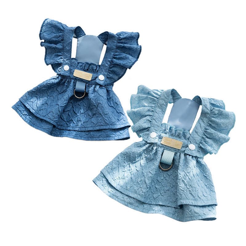Vestidos Jeans Para Cães Pequenos , Roupas Meninas E Cachorros Com Trela , Mangas Voadoras De Verão Gatos Azuis Chihuahu