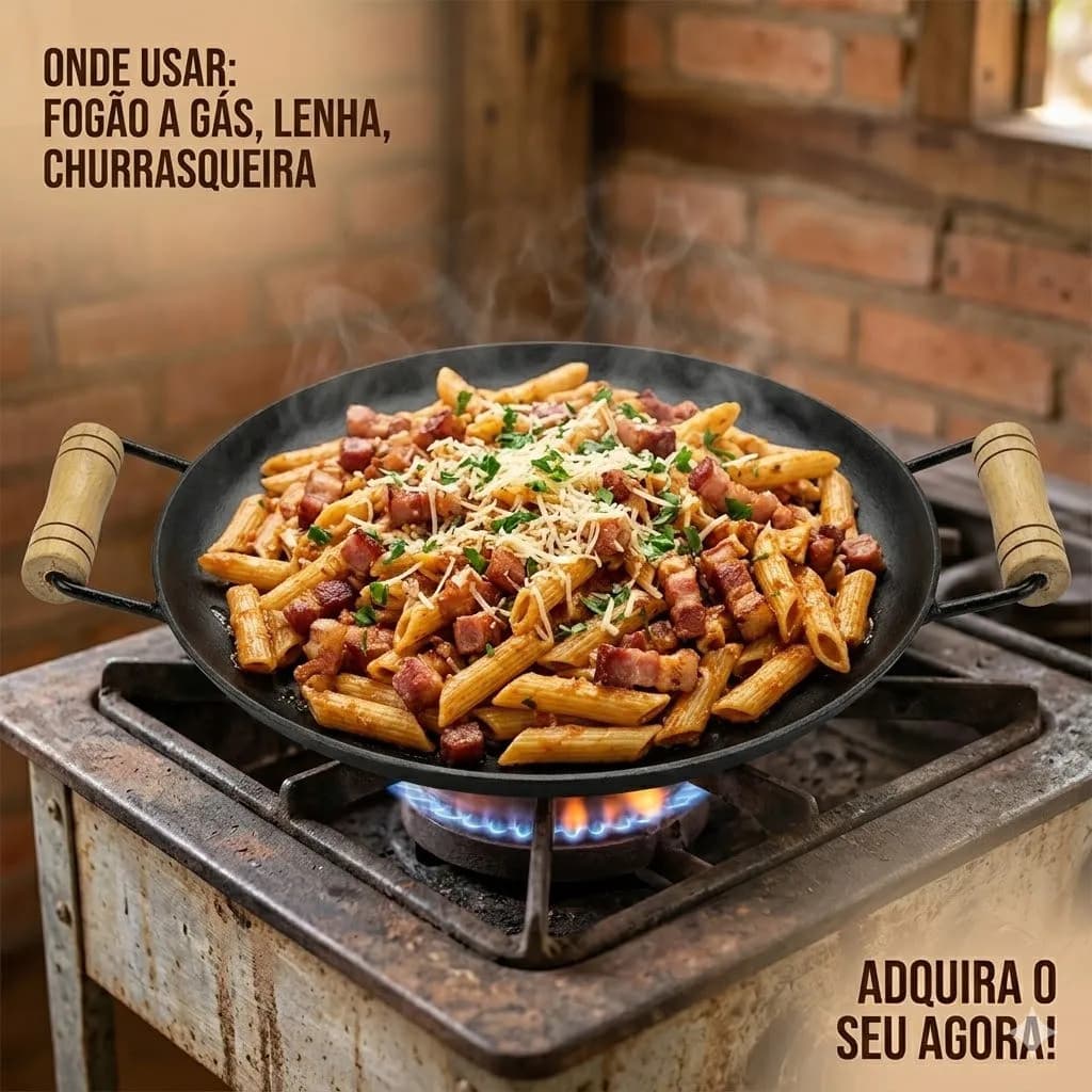 Disco De Arado Chapa 42cm Ferro Fundido Reforçado Tacho Maciço com Cabo de Madeira Churrasco  Fogão Campeiro e Camping
