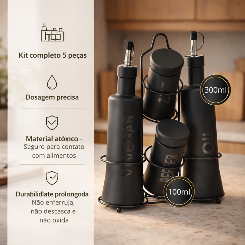 Galheteiro Vidro Azeite Vinagre Saleiro Pimenteiro 5 Peças com Suporte Kit Porta Temperos