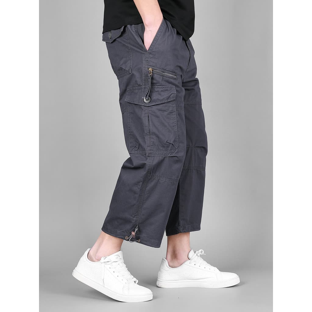 Verão novo produto fino Multi-bolso macacão masculino solto Casual All-match na moda calças cortadas puro algodão sobre