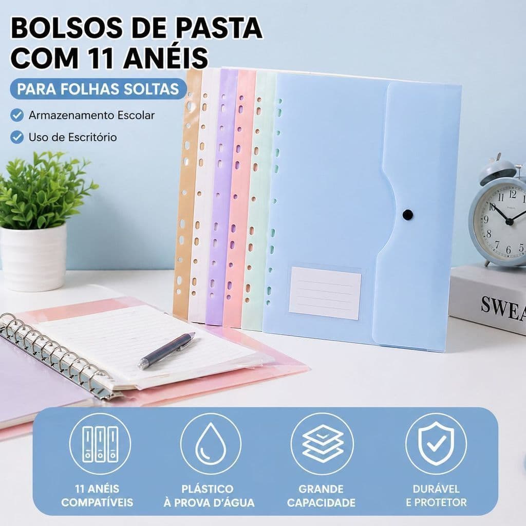 Refil Pasta 11 Furos A4 com Fecho Organizador Escolar Provas e Documentos