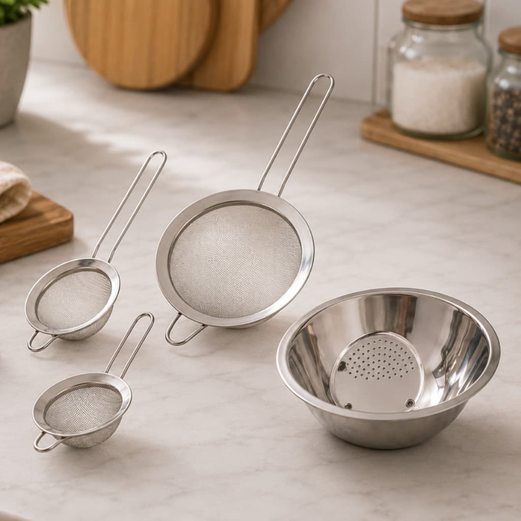 Kit Escorredor De Arroz Inox Legumes Frutas Multiuso Cozinha + 3 Peneiras Aço Inox