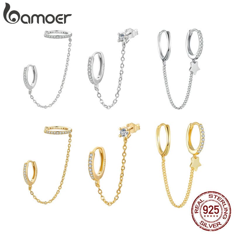 Brincos Bamoer em prata esterlina 925, peça única, design de anel duplo, estilo de corrente longa, joias femininas, pres