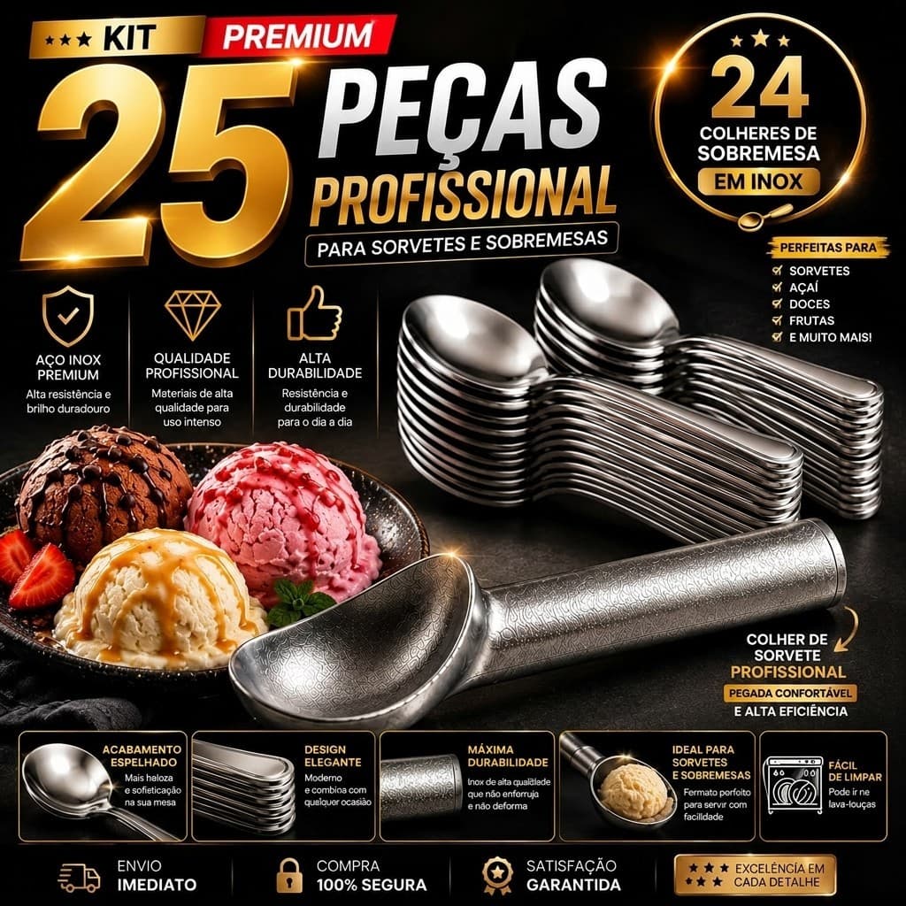 Kit Colher de Sorvete Profissional + 24 Colheres de Sobremesa Inox Luxo Alta Qualidade