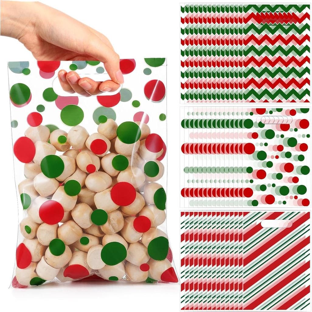 Funrous 90 Pcs Christmas Gift Bags Bulk Christmas Plastic Goodie Bags with Handle Red and Green Polka Dots Stripes Treat