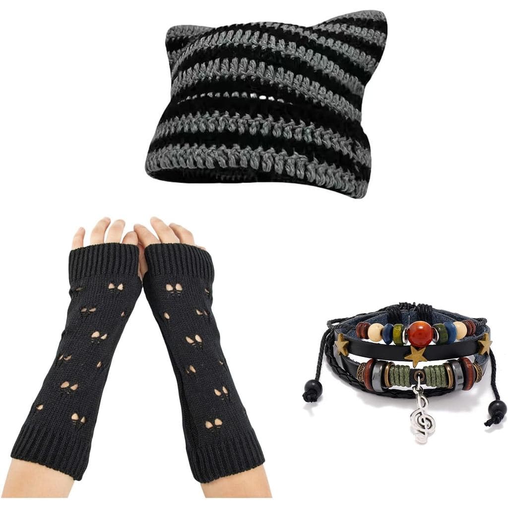 Therian Gear Y2K Emo Grunge Acessório Gorro de Gato Luvas Grunge Pulseiras Fairycore
