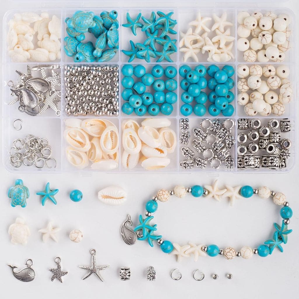 ToBeIT 325 Peças de Contas de Tartaruga Marinha Turquesa, Contas de Estrela-do-Mar, Charms de Tartaruga Azul e Branca, C