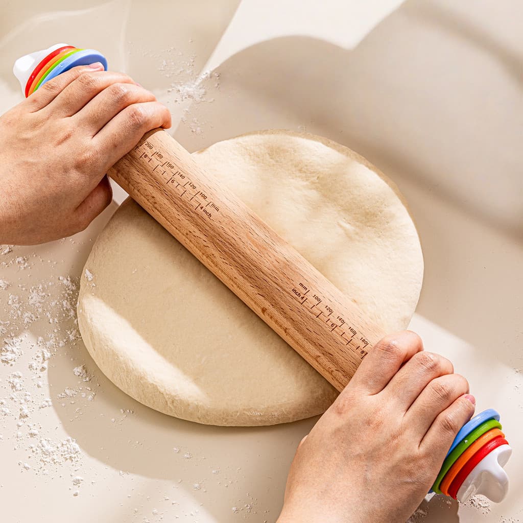Rolo De Massa De Madeira Ajustável Com Medidas Para Pizza Pão E Confeitaria