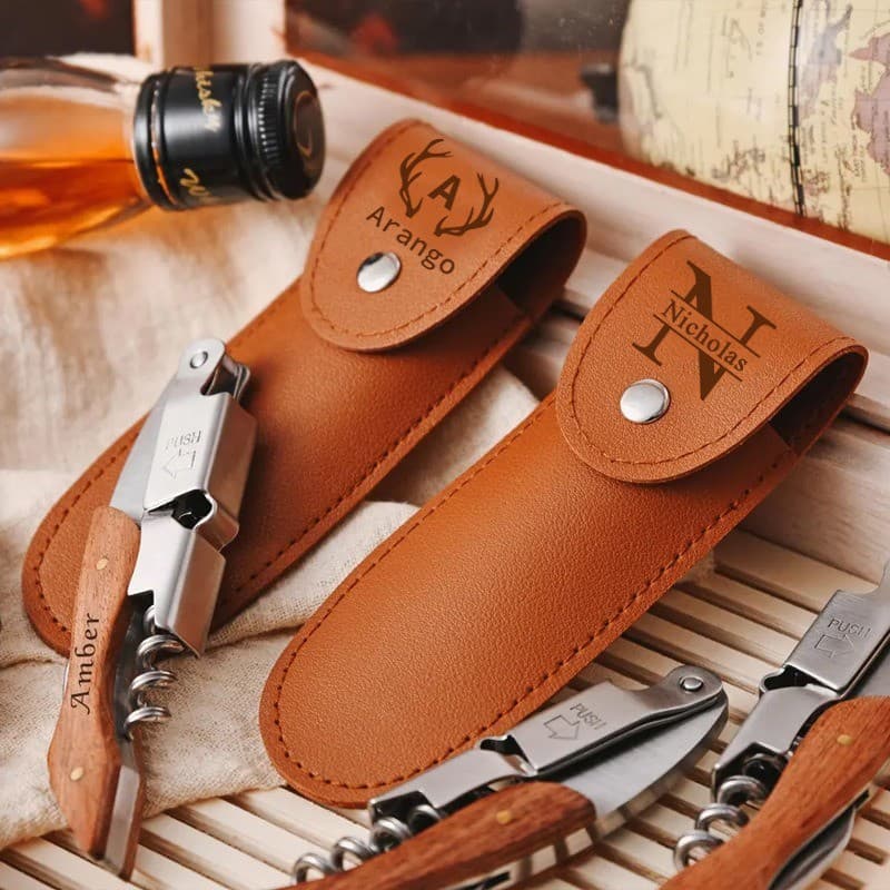 Abridor De Vinho Personalizado Com Nome , Saca-Rolhas Alça De Madeira Gravada Estojo De Couro , Ótimo Presente Para Fest