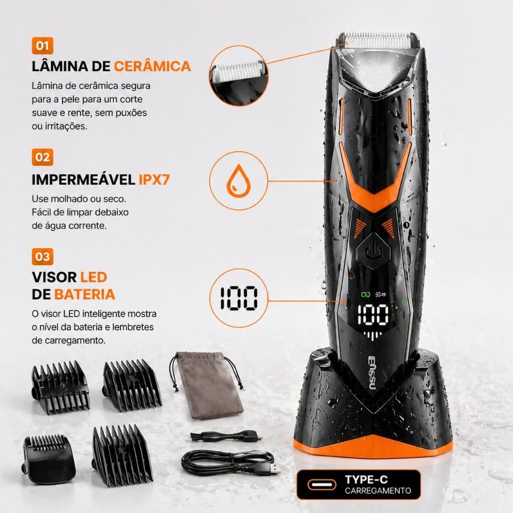 Aparador de Pelos Masculino Corpo Inteiro e Íntimos, à Prova d’Água, USB Tipo-C, Virilha e Peito