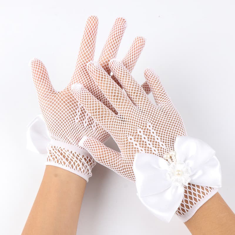 (Estilo Infantil) Luvas Para Meninas , De Princesa Casamento Nupcial , Rede De Pesca Elástica De Renda Com Laço De Dedo