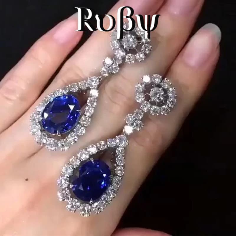 Ruby * Novo estilo brincos femininos incrustados safira azul zircão brincos longos comemoração de aniversário brincos