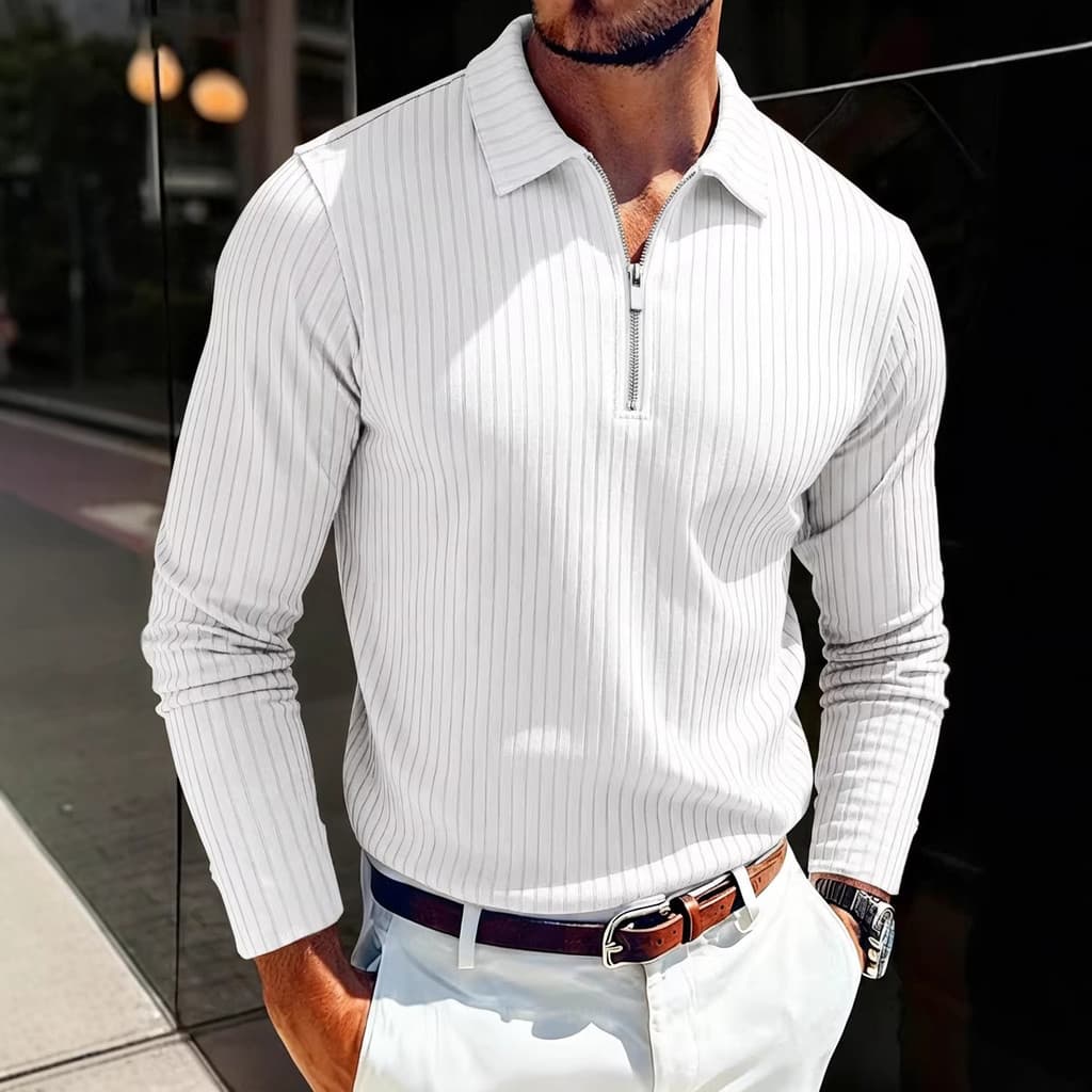 Camisa Polo masculina de manga comprida com listras verticais e meio zíper, tecido de malha com contas, respirável, leve