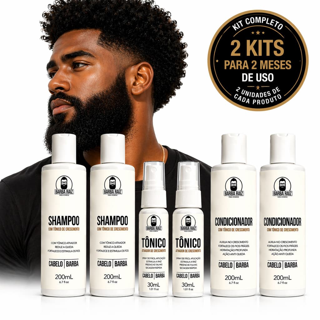 Kit Crescimento Barba e cabelo, 2 Shampoo e 2 condicionador com tônico, 2 Tônicos de crescimento