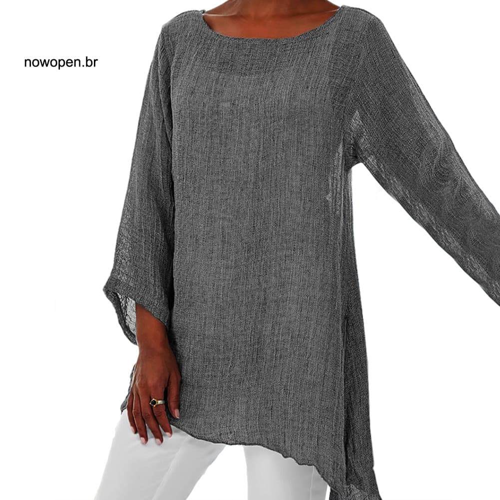 Plus Size Feminino Cor Sólida Linho O-Pescoço Manga Comprida Túnica Irregular Camiseta