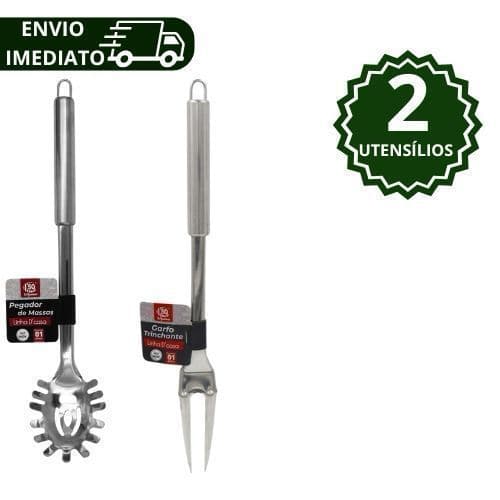 Kit 2 Peças Utensílios Para Cozinha em Inox Pegador de Massas e Garfo Trinchante Grandes Ideal para seu lar Restaurantes