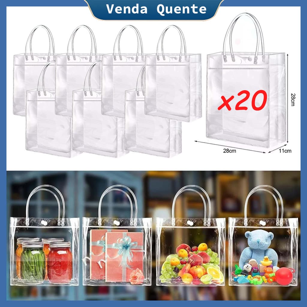 20 peças de saco de presente de PVC transparente, saco de presente de festa de 28x28x11cm, adequado para biscoitos