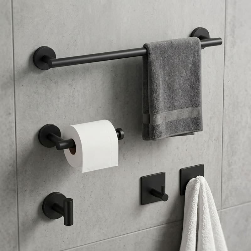 Kit Acessórios Banheiro 5 Peças Inox Parafusado -Toalheiro Barra Longa e Curta+Papeleira+ 2Ganchos