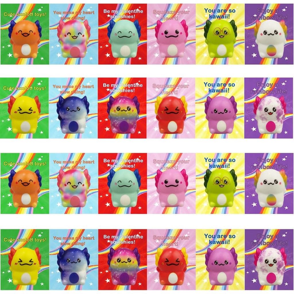 Pacote com 24 Squishies de Axolote de Crescimento Lento com Cartões de Dia dos Namorados para Crianças, Escola, Sala de