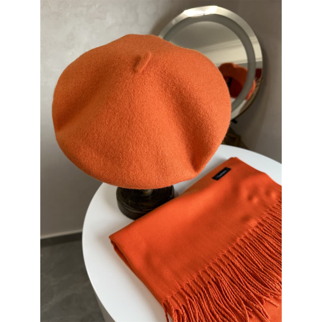 Boina de lã laranja cachecol de caxemira conjunto feminino versão coreana moda boina pintor chapéu xale de lã quente