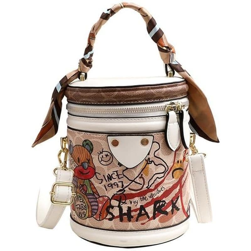 Mini Bolsa Crossbody Balde Para Mulheres , De Desenho Animado , Bolsas De graffiti Ombro Redondo Com Alça Redonda Requin
