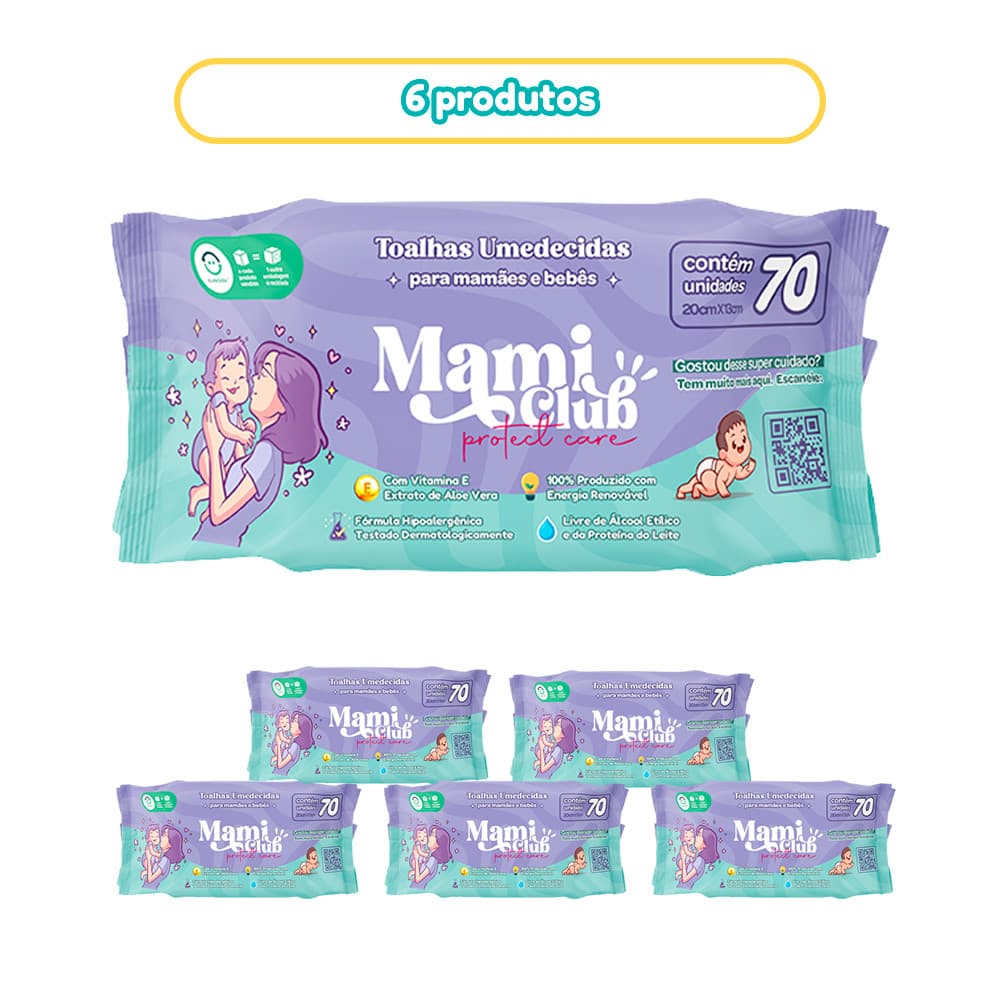 KIT 6 LENÇOS UMEDECIDOS MAMI CLUB PROTECT CARE 420 FOLHAS
