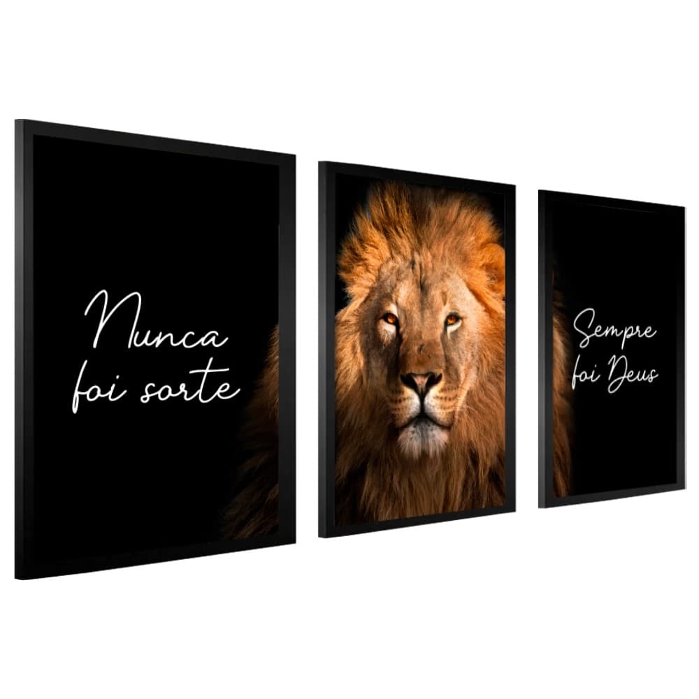Kit Quadros Decorativos Leão De Júda Com Moldura Sala 40X60 Frase Nunca Foi Sorte Sempre Foi Deus