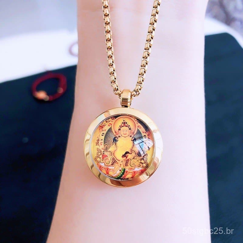 Pingente Dupla Face de Thangka do Deus da Riqueza Amarelo com Caixa Gahu Abrível, Colar de Guardião em Aço Titânio Doura