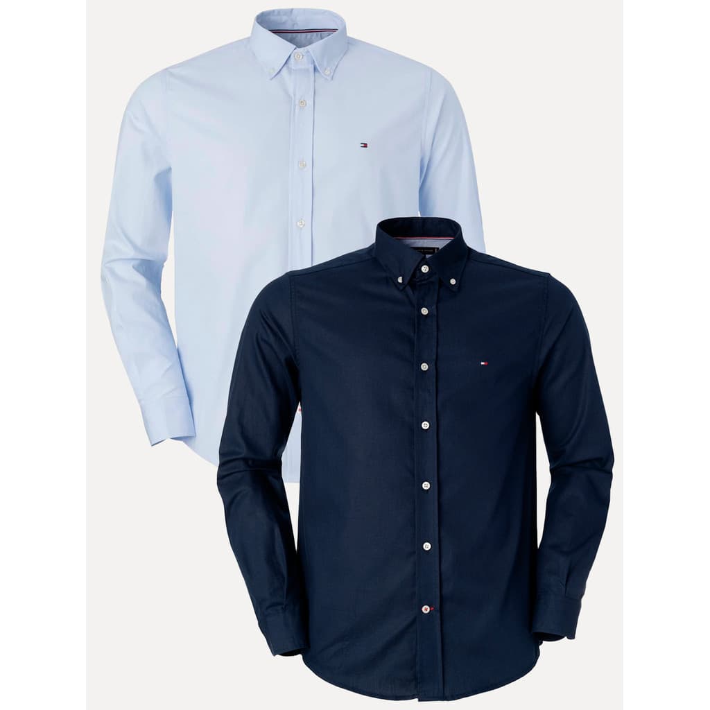 Kit Camisas Masculinas Tommy Hilfiger Original | Regular Core Flex Poplin Azul Marinho/Azul Claro 2 UN