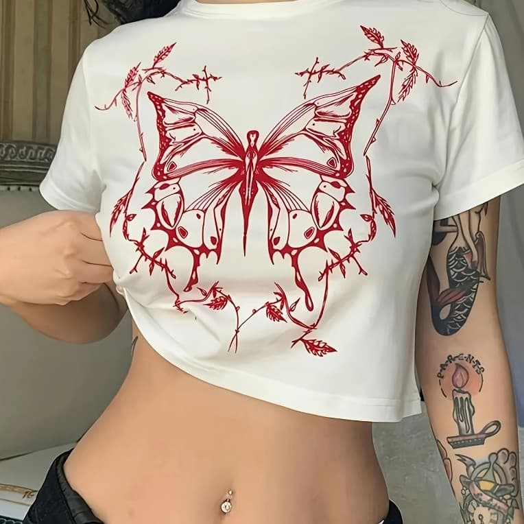 Blusa Cropped Estampa Borboleta Gótica Vintage Butterfly Estilo Y2K Feminina