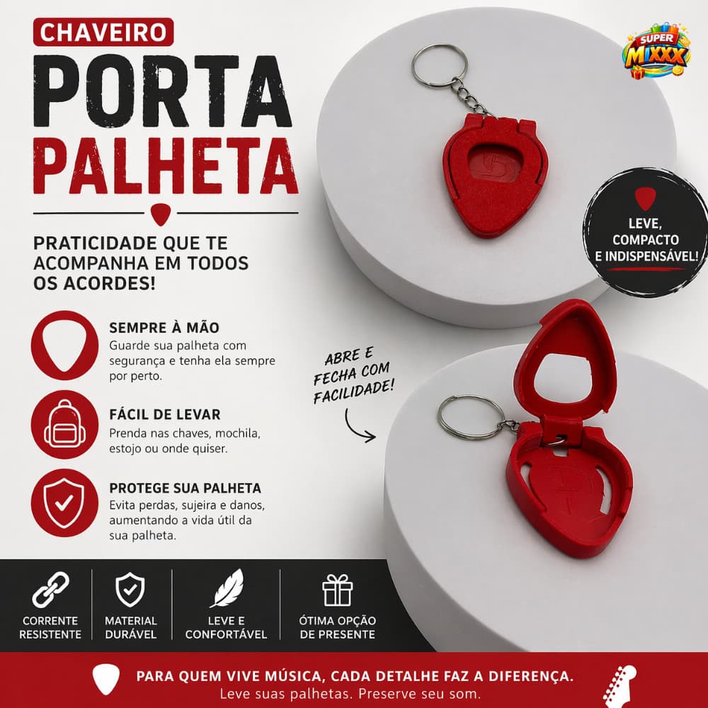 Chaveiro Porta Palhetas Guitarra/Violão - Acessório Para Músicos