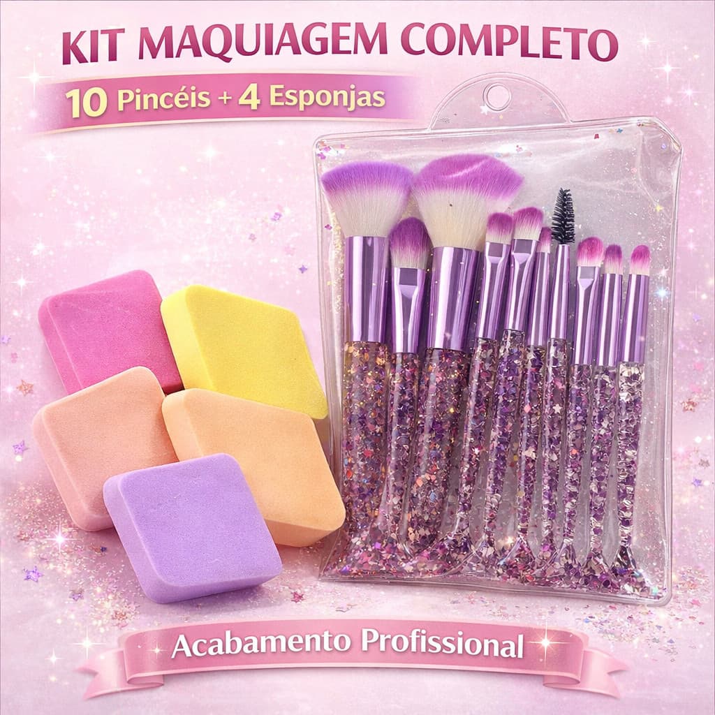 Kit Maquiagem Completo 10 Pincéis Profissionais + 4 Esponjas Beauty Puff Base Corretivo Contorno Glitter Luxo