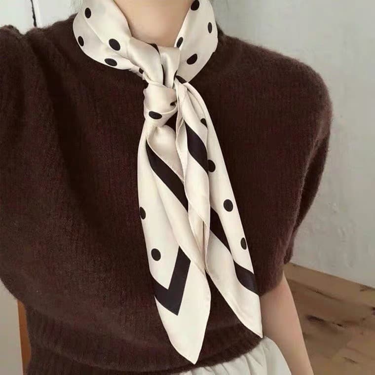 Retro francês bolinhas pequeno lenço quadrado lenço de seda feminino simulação faixa de cabelo de seda primavera outono