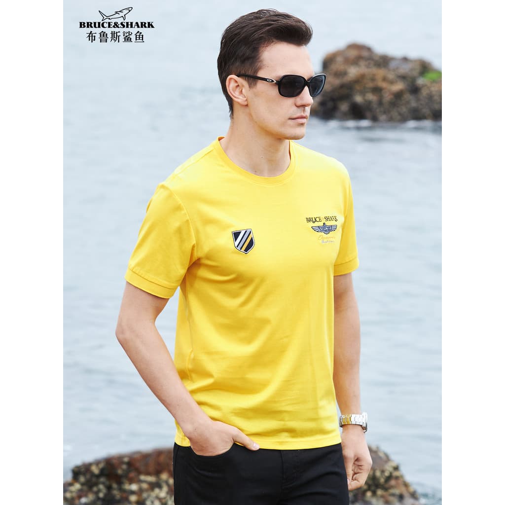 Verão mercerizado algodão camiseta masculina fino tamanho grande de manga curta Bruce Shark Street Wear solto camisa de