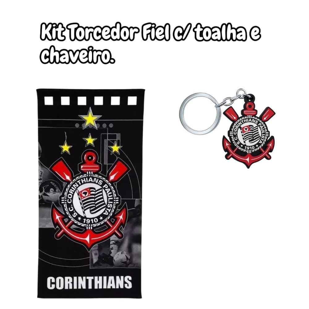 Kit Presente Torcedor Fiel com Toalha Corinthians Grande e Chaveiro Emborrachado