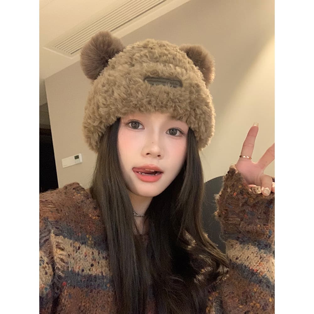 Bonito urso chapéu feminino outono inverno engrossado proteção de orelha chapéu de lã feminino quente chapéu de malha gr