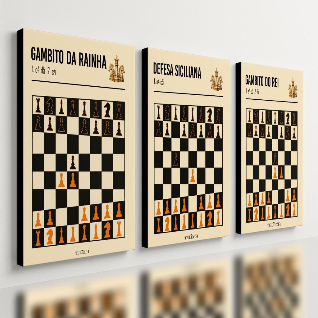 Kit 3 Quadro Decorativo Aberturas Xadrez Estratégia Chess