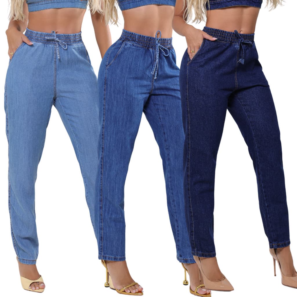 Calça Mom Jeans Feminina  Cintura Alta Casual Capri Leve