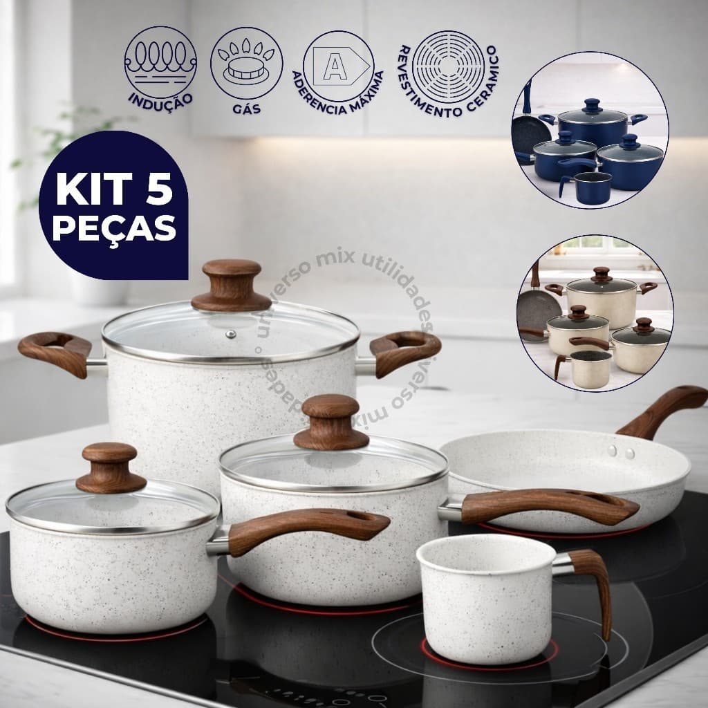 Kit Panelas 5 Peças Granito Cabos Amadeirados Premium