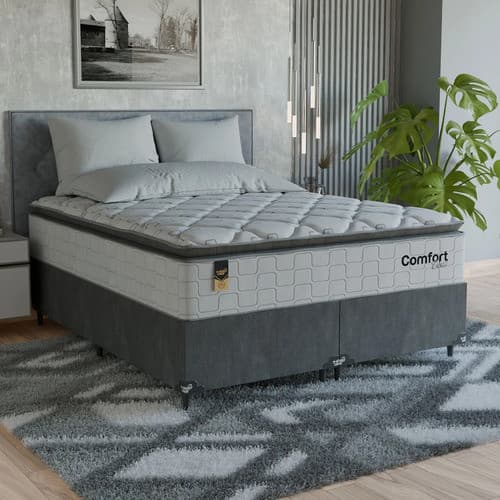 Cama Box Queen + Colchão Comfort Class Pillow Top 158x198cm  Branco/suede Cinza