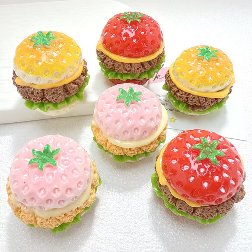 5 Pçs/Saco 3D Morango Carne Hambúrguer Acessórios De Resina Cola Creme DIY Grampo De Cabelo Chaveiro Decoração De Casa D