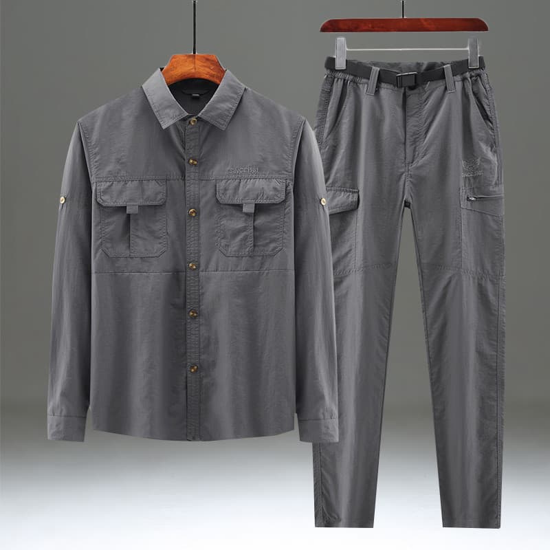 Terno de trabalho ao ar livre masculino verão fino gelo seda de secagem rápida camisa de manga comprida solta Casual cal